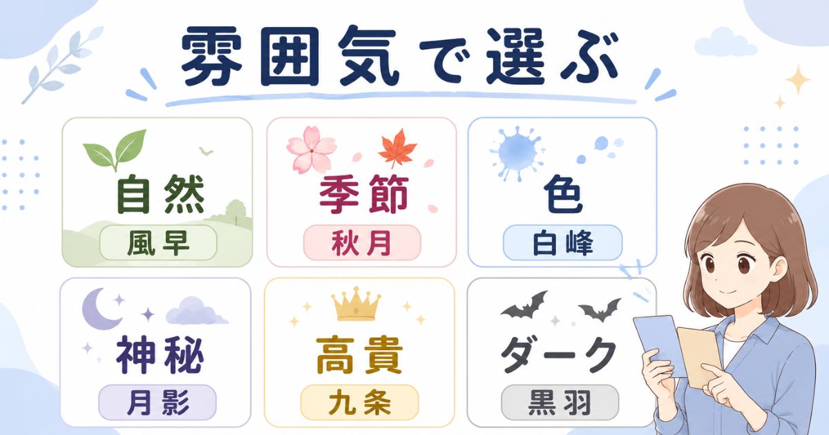 自然・季節・色・神秘など雰囲気別にかっこいい苗字を分類した図解