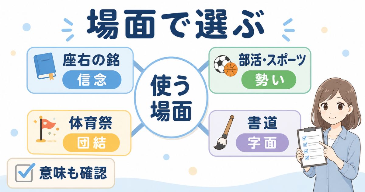 かっこいい四字熟語を使う場面に合わせて選ぶポイントを示す図解