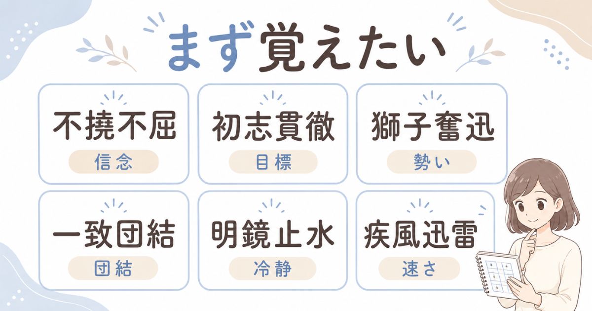 まず覚えたい定番のかっこいい四字熟語を一覧で示すカード図解