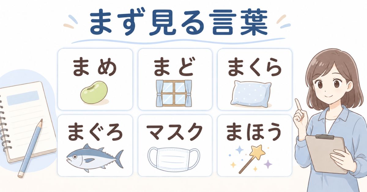 まめ、まど、まくら、まぐろなど「ま」から始まる代表的な言葉をまとめた図解