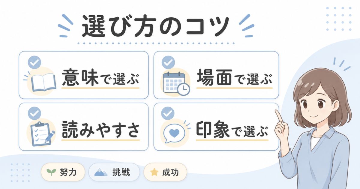 前向きな四字熟語を意味や場面に合わせて選ぶポイントを示す図解