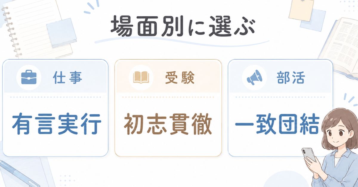 仕事・受験・部活で使いやすい前向きな四字熟語を場面別に整理した図解