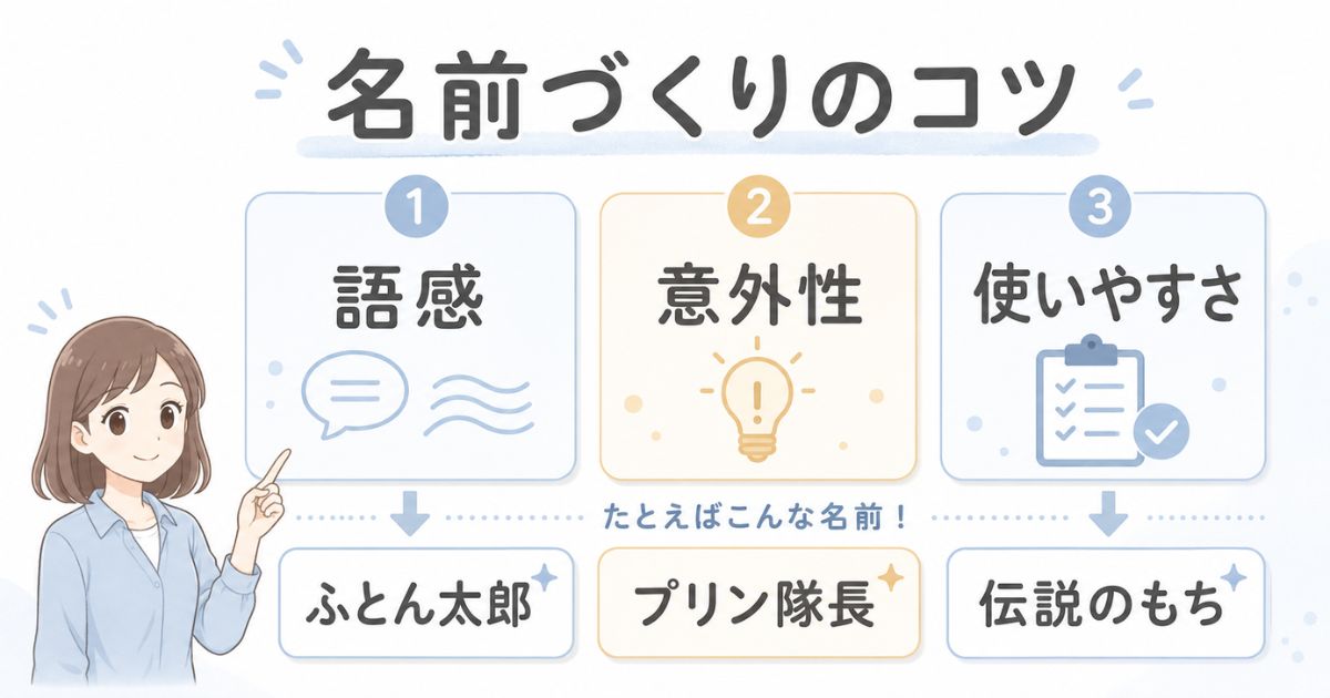 面白い名前を作るポイントを語感・意外性・使いやすさで整理した図解