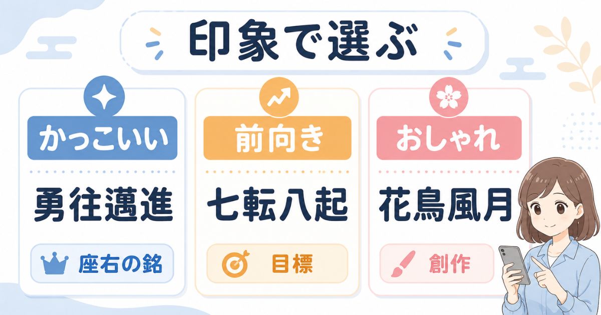 かっこいい・前向き・おしゃれの印象別に四字熟語を選ぶ分類図