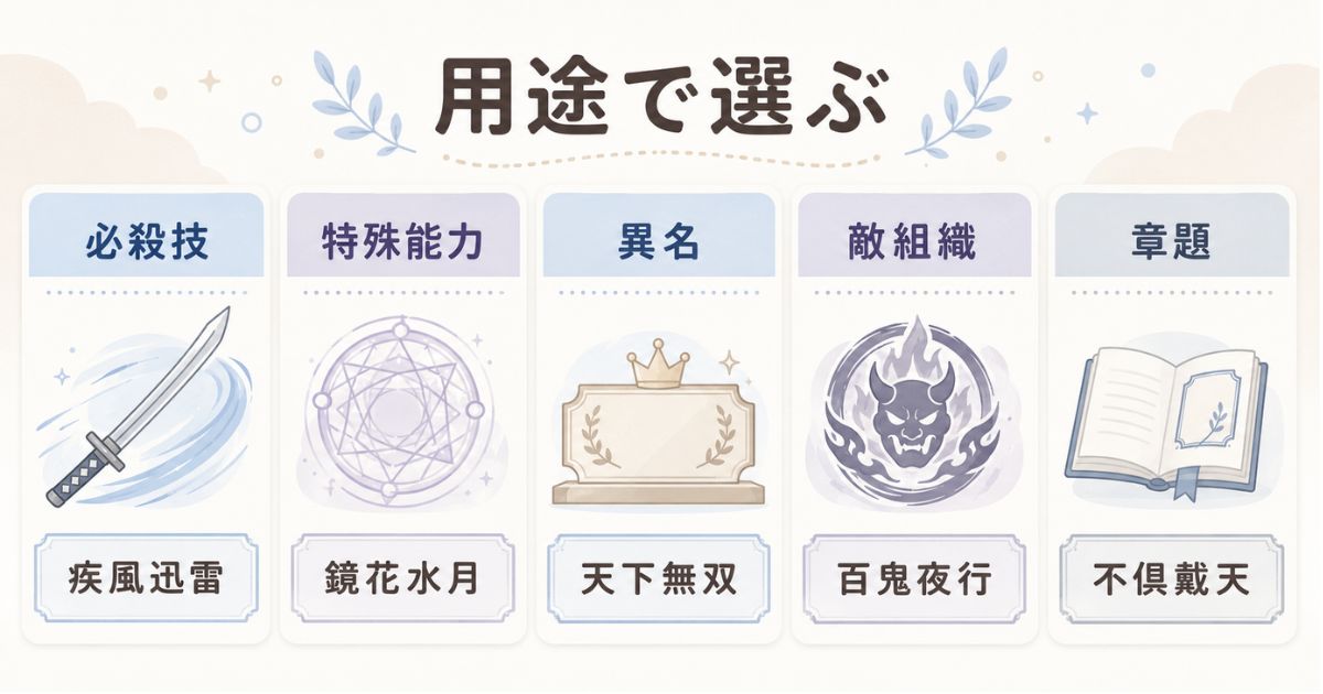 技名・特殊能力・異名・敵組織・章題に向く四字熟語の使い分け