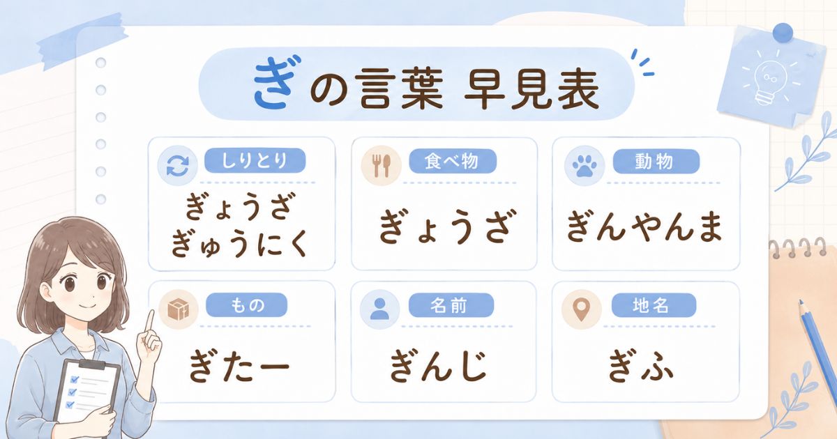ぎから始まる言葉をしりとり・食べ物・動物・名前などに分類した早見表