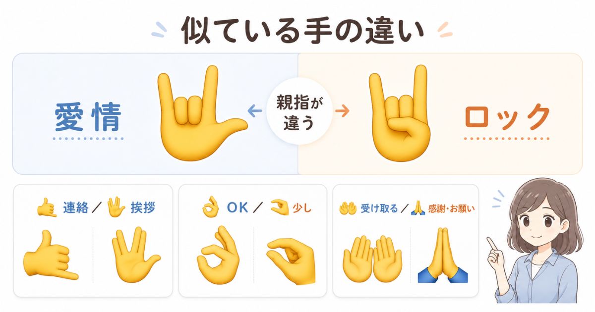 愛情を表す🤟とロックを表す🤘など似ている手の絵文字の比較