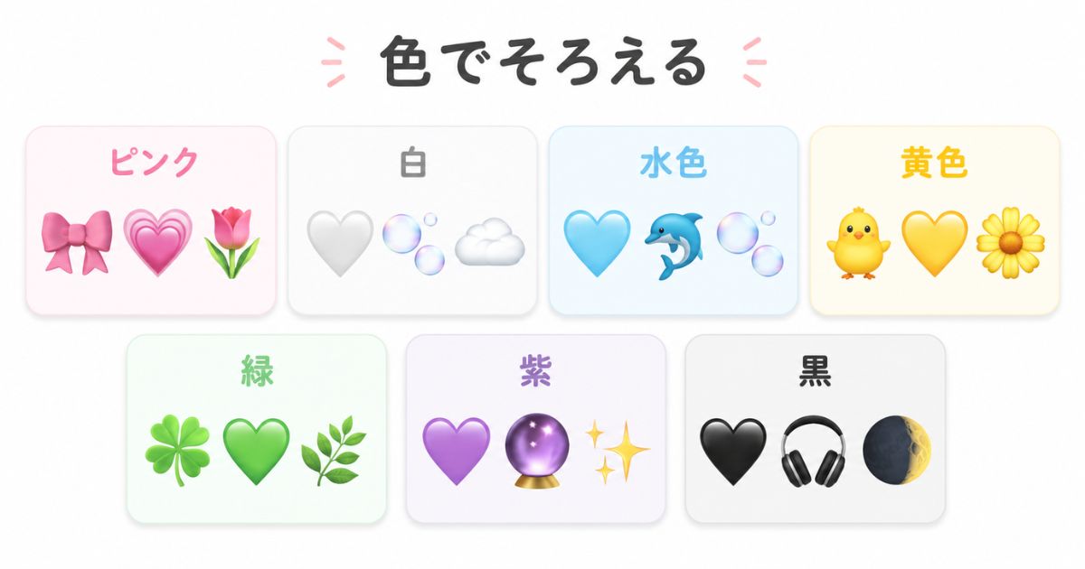 ピンクや白、水色など色別にそろえた可愛い絵文字の組み合わせ