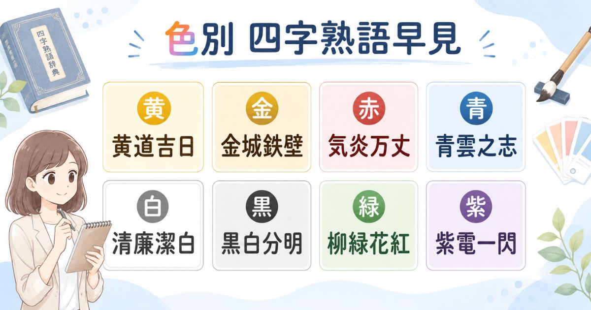 黄道吉日や青雲之志などを8色別にまとめた四字熟語早見
