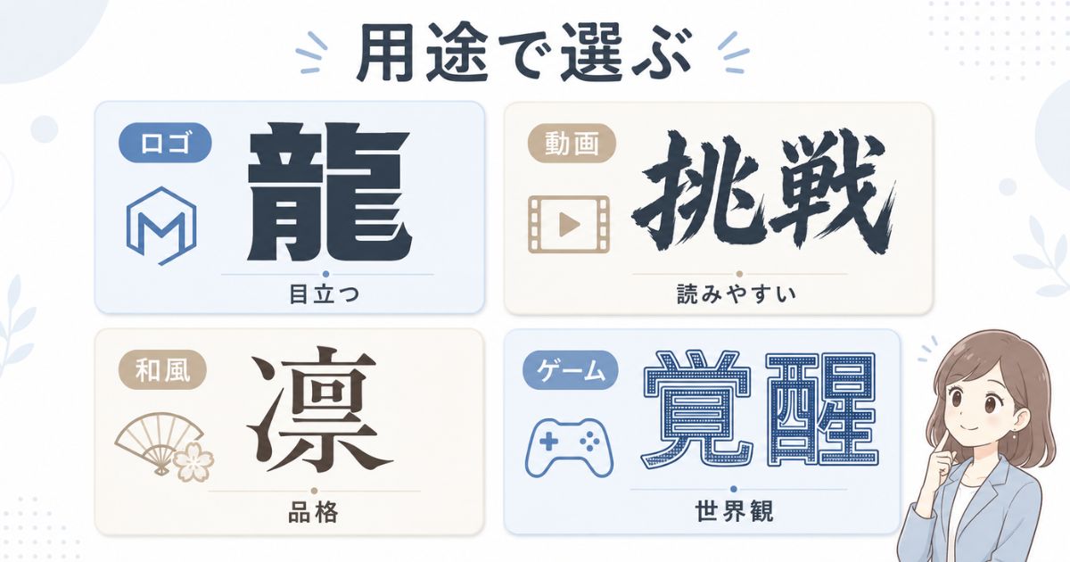 ロゴ・動画・和風・ゲームの用途別に漢字フォントを比較する図解