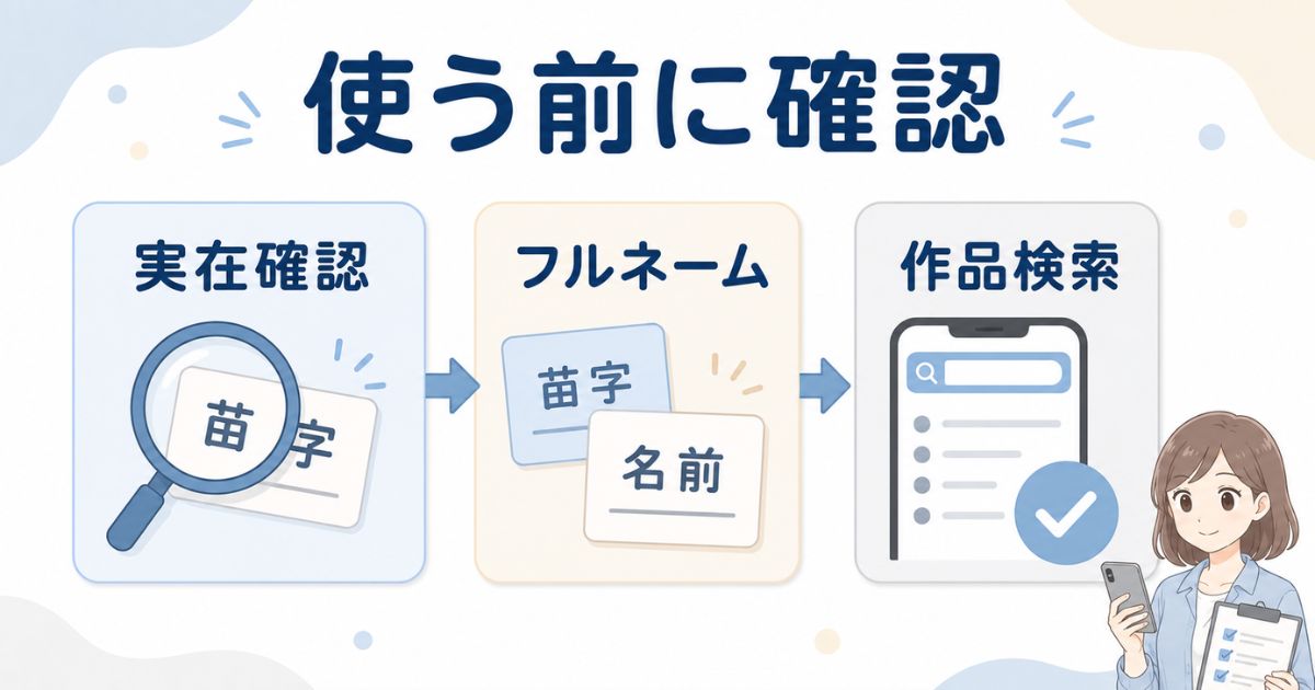 実在確認・フルネーム確認・既存作品検索の3段階で苗字を確認する手順