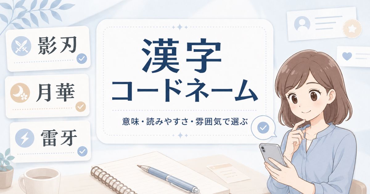 創作やゲームに使える漢字コードネームを意味・読みやすさ・雰囲気で選ぶことを示したアイキャッチ
