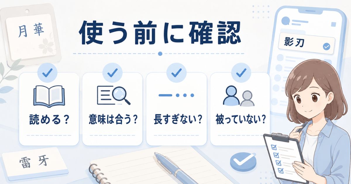 漢字コードネームを使う前に読みやすさや意味、長さ、既存名との重複を確認するチェックカード