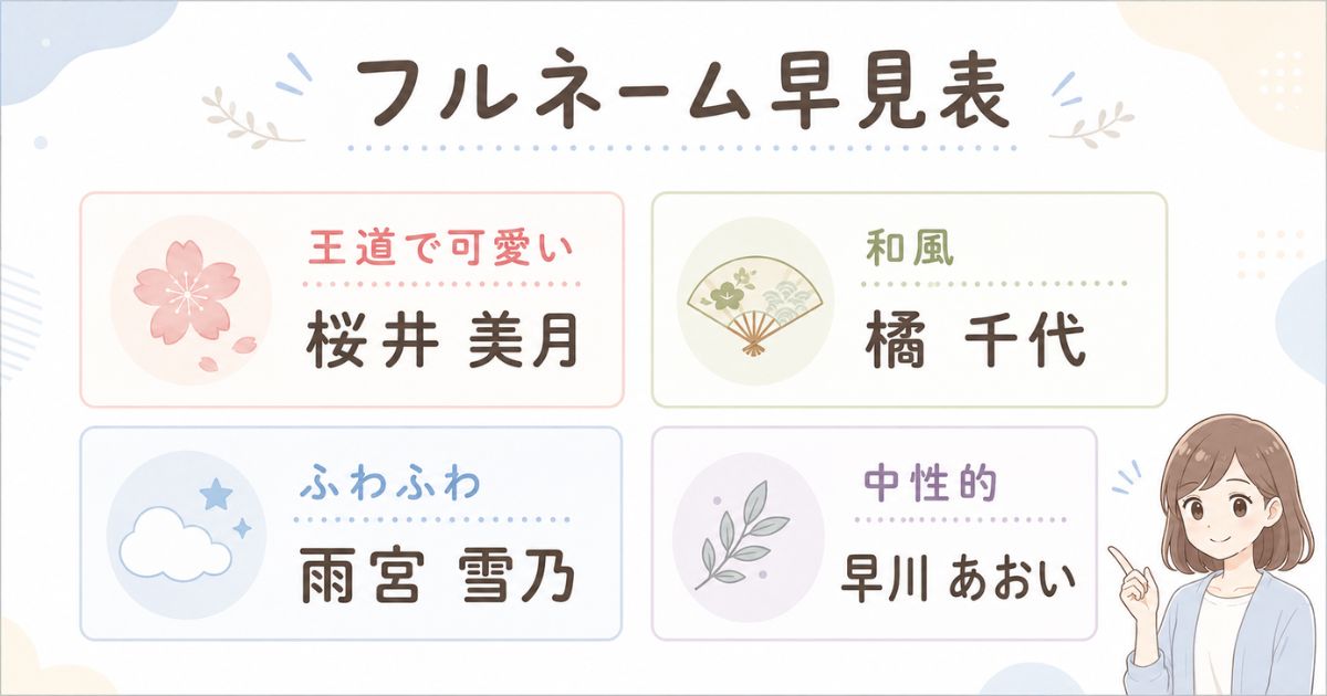 可愛いフルネームを王道・和風・ふわふわ・中性的に分けた早見図