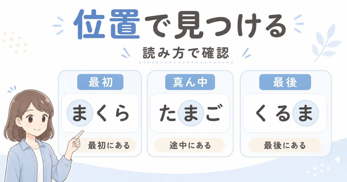 まくら・たまご・くるまで「ま」が入る位置を比較した図解