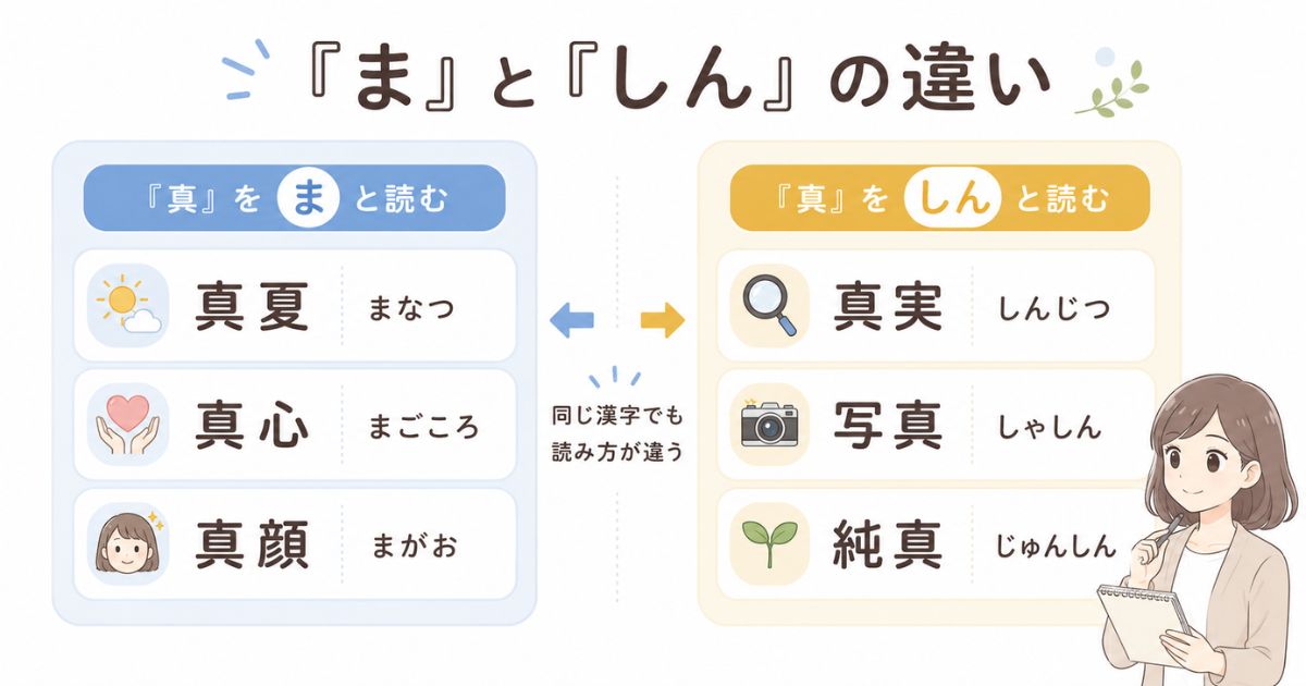 漢字の「真」を「ま」と読む言葉と「しん」と読む言葉の比較