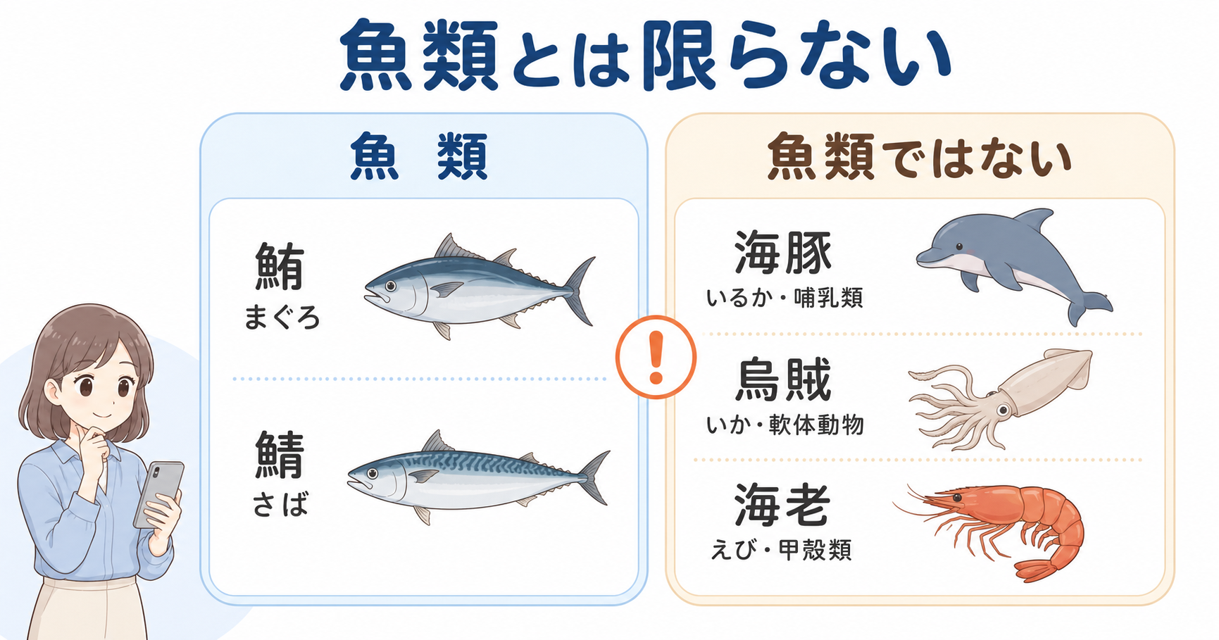魚類と海豚・烏賊・海老など魚類ではない生き物を比較した図解