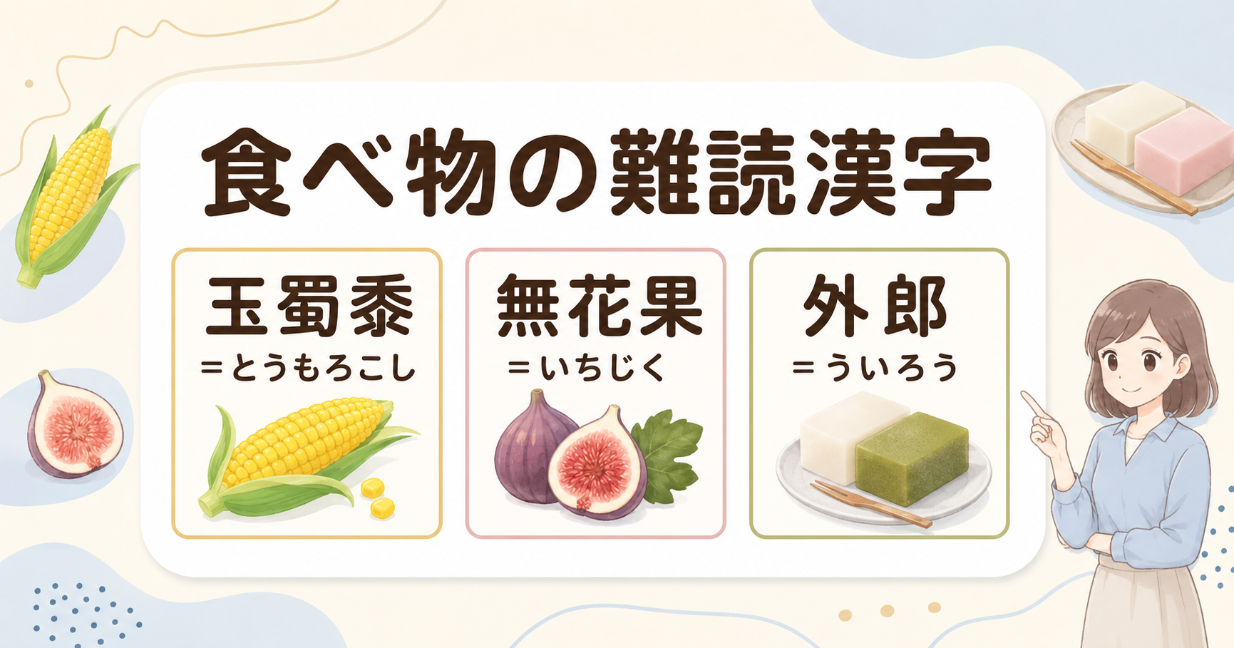 玉蜀黍・無花果・外郎の読み方を示した食べ物の難読漢字