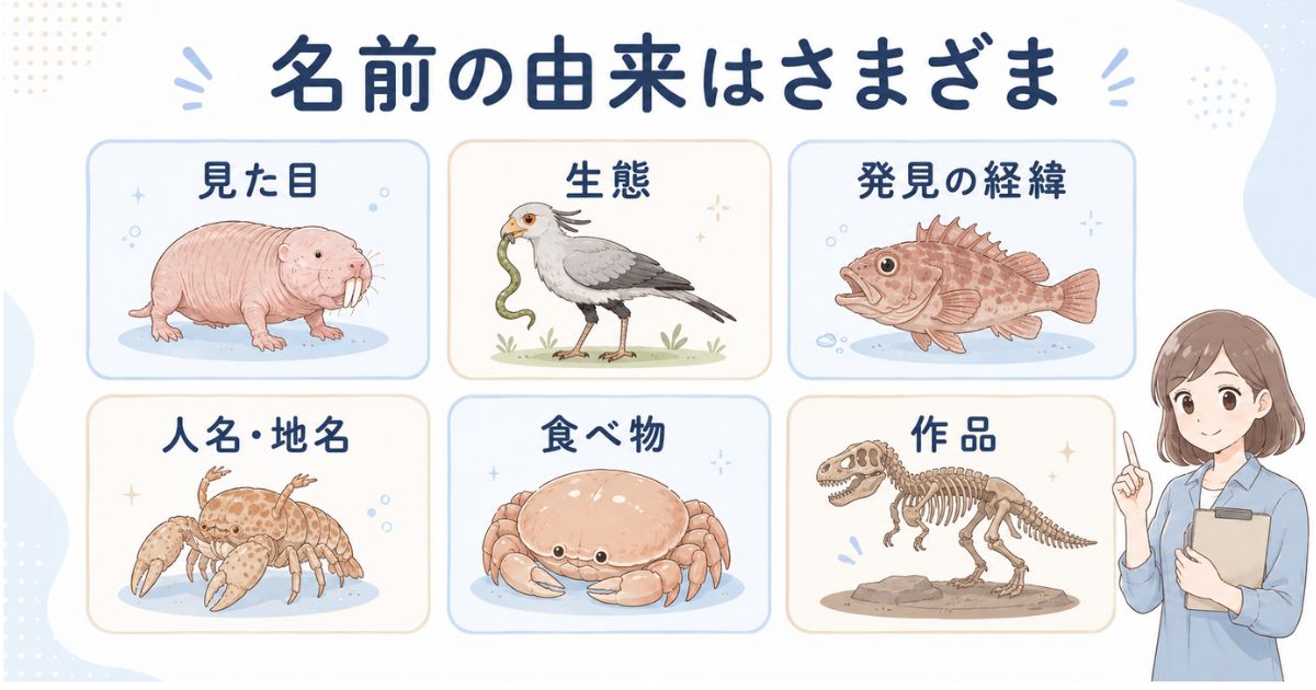 見た目や生態、発見の経緯など動物名の由来を分類した図解