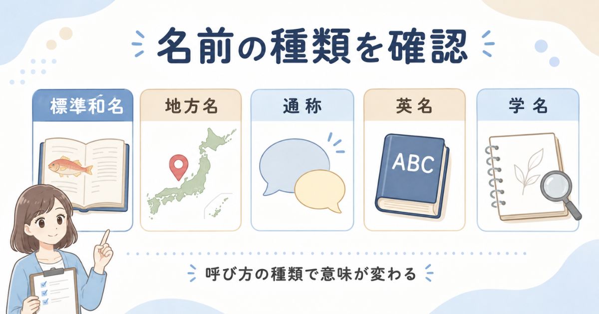 標準和名・地方名・通称・英名・学名の違いを示した比較図