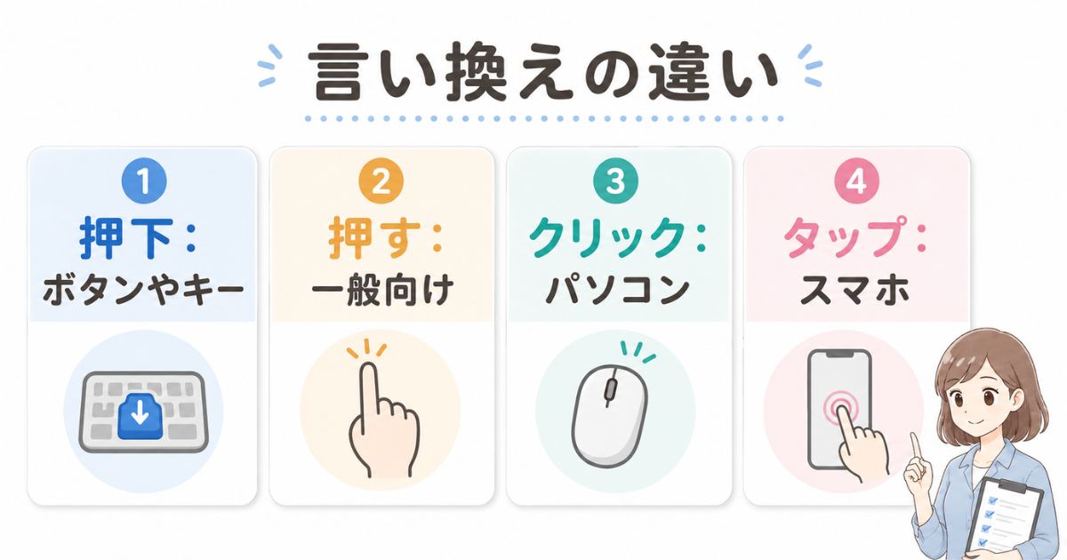 押下と押す、クリック、タップの違いを比較して整理
