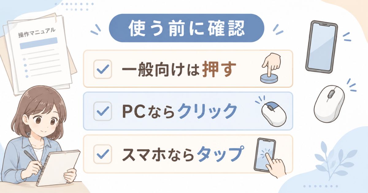 押下を使うときに押す、クリック、タップへ言い換える目安