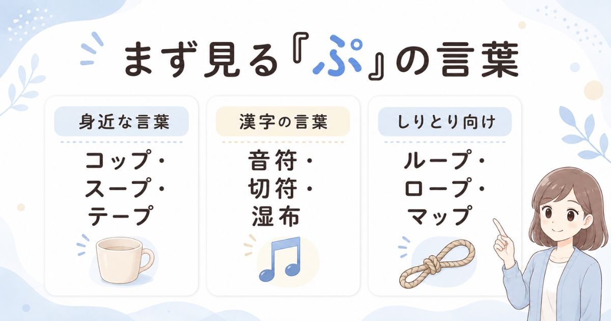 身近な言葉、漢字の言葉、しりとり向けに分けた「ぷ」で終わる言葉の基本一覧