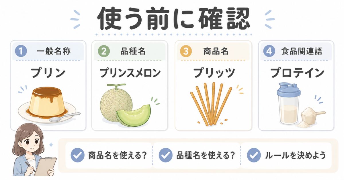 一般名称・品種名・商品名・食品関連語の違いと使用前の確認点