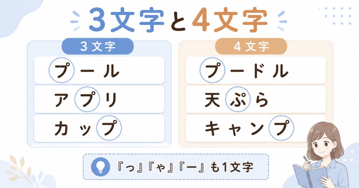 3文字と4文字の「ぷがつく言葉」を比較した一覧カード