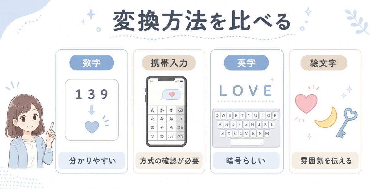 数字・携帯入力・英字・絵文字による恋愛記号の変換方法の比較