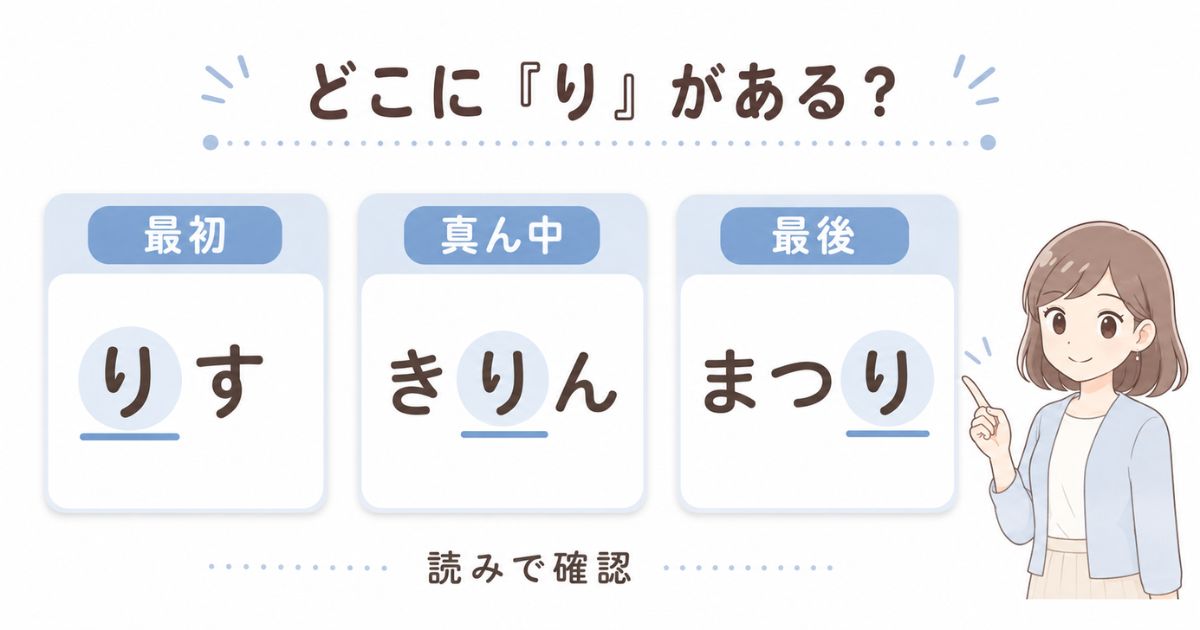 「り」が言葉の最初・真ん中・最後のどこに入るかを比較した図解