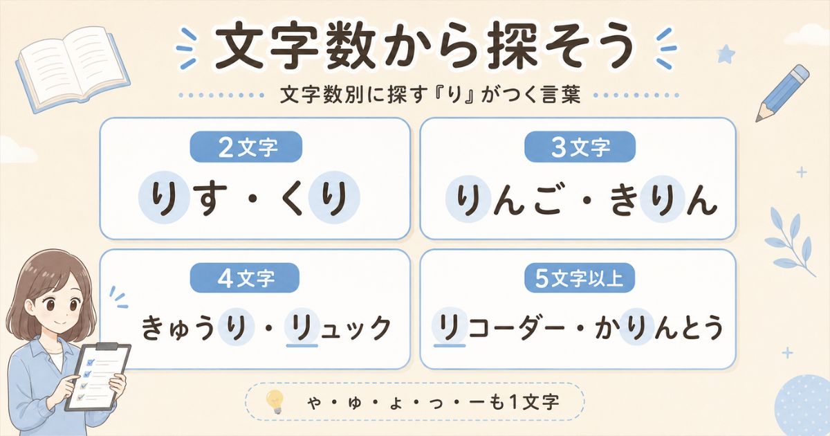 「り」がつく言葉を2文字・3文字・4文字・5文字以上に分けた一覧カード