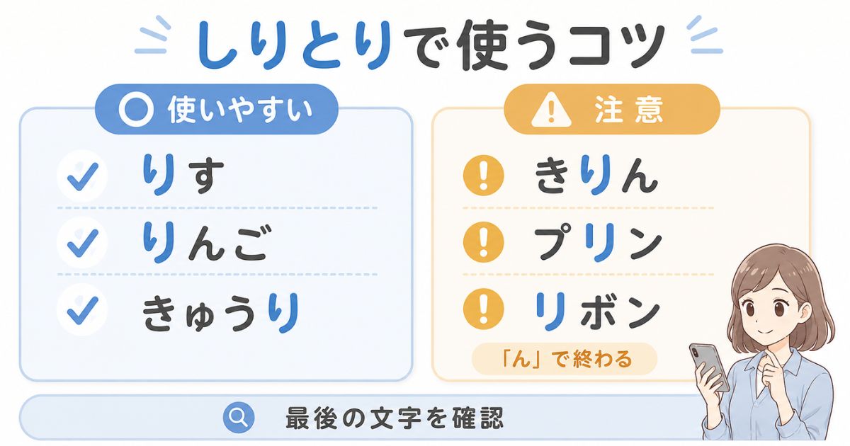 しりとりで使いやすい言葉と「ん」で終わる注意語を分けたチェック図解