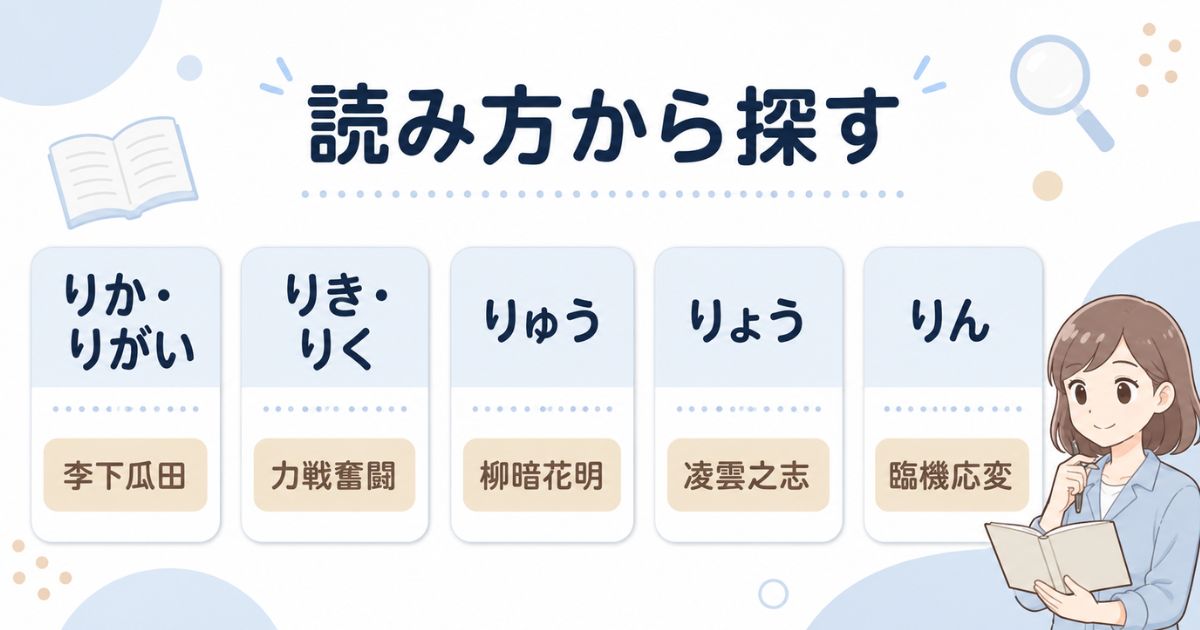 りか・りく・りゅう・りょう・りんの読み方別に四字熟語を探す図解