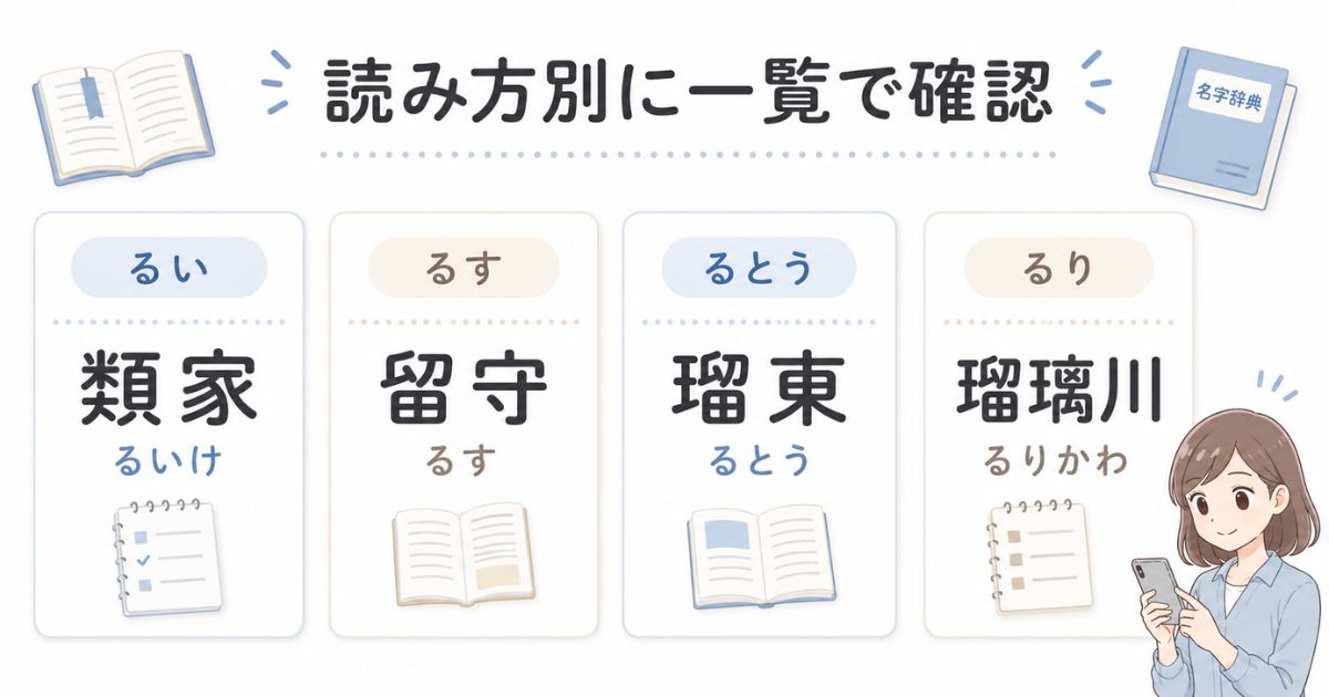 「るい」「るす」「るとう」「るり」の読み方別に苗字を整理した一覧カード