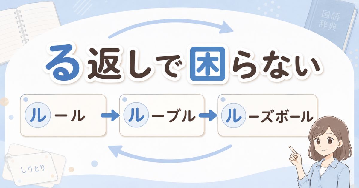 ルールやルーブルを使ったしりとりの「る返し」を示すアイキャッチ