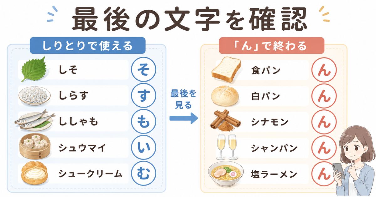 しりとりで使える食べ物と「ん」で終わる食べ物を比べた注意点図解