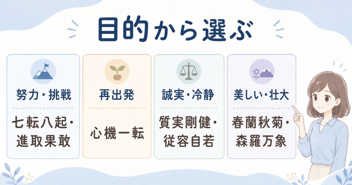 努力・再出発・誠実・美しさの用途別にしから始まる四字熟語を分類した図