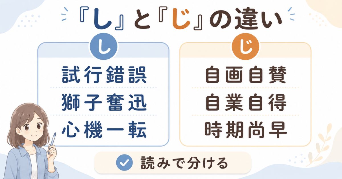 清音のしと濁音のじから始まる四字熟語を読みで分けて比較した図