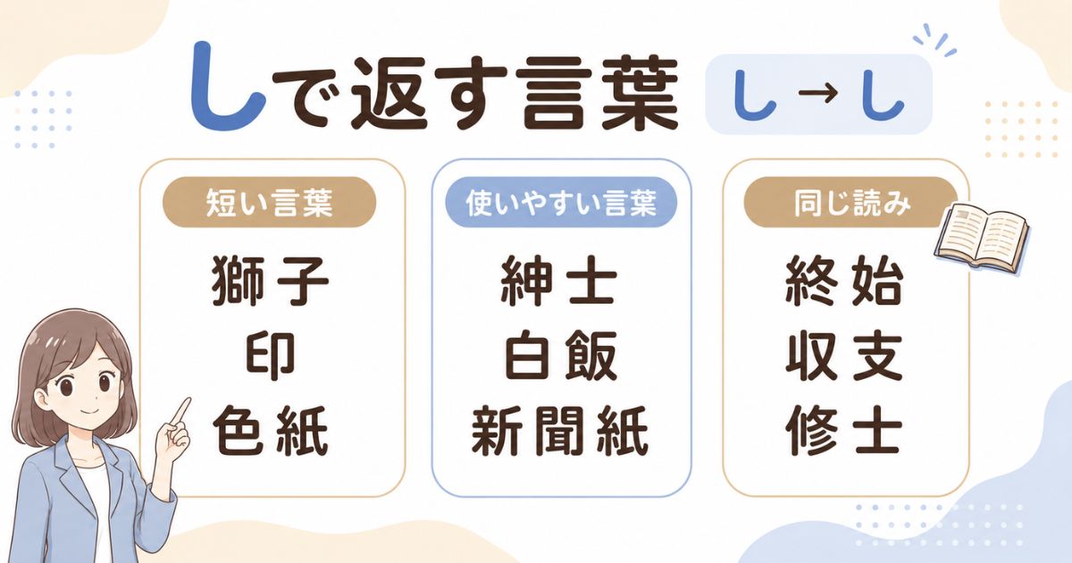 「し」から始まって「し」で終わる言葉を短い言葉や同音異義語で分類した図解