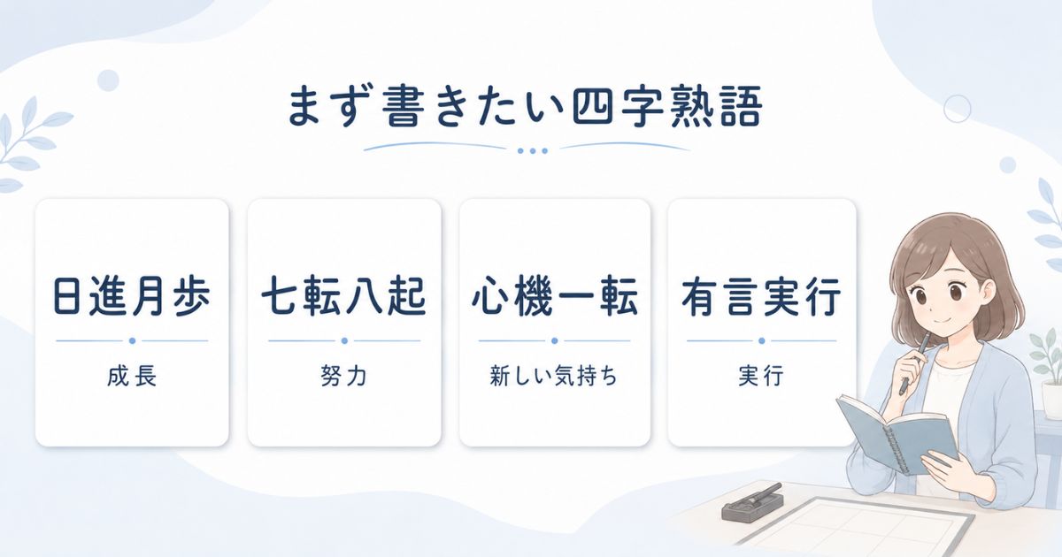 書道で書きやすい日進月歩や七転八起などの四字熟語一覧カード