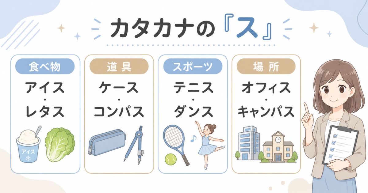 カタカナの「ス」で終わる言葉を食べ物・道具・スポーツ・場所に分類した図解