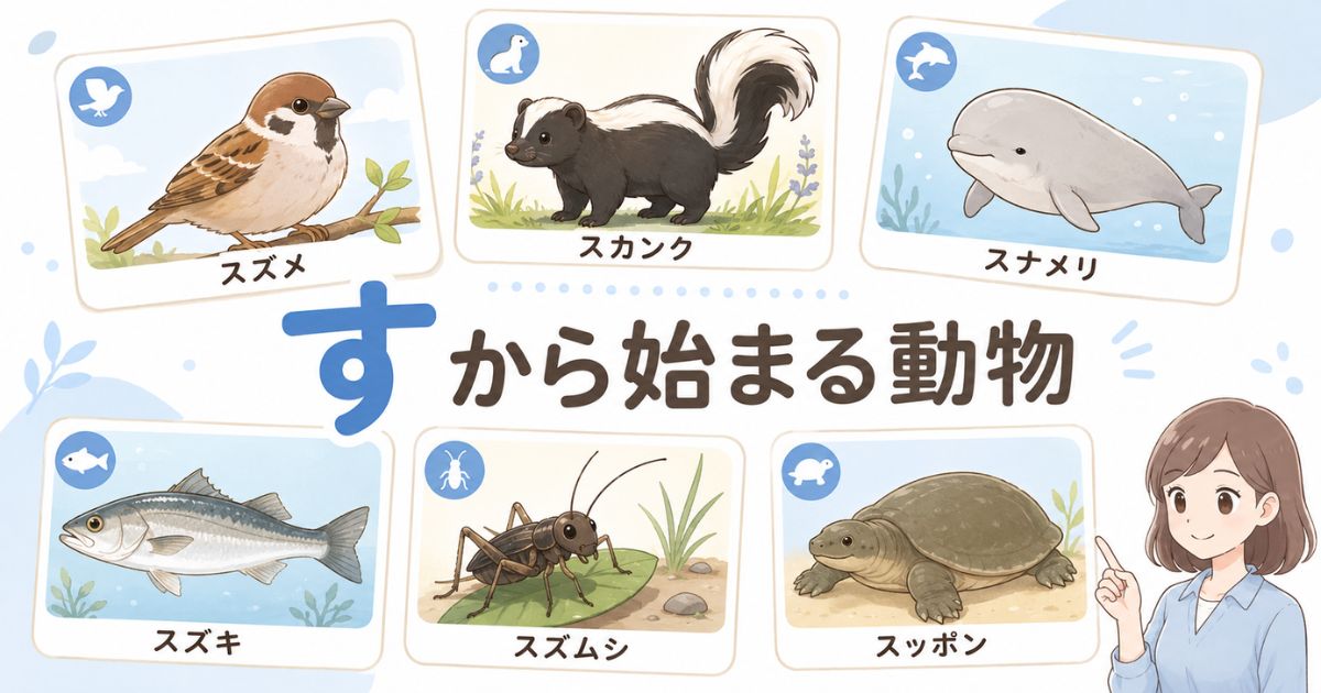 「す」から始まる代表的な動物を種類別に示したアイキャッチ