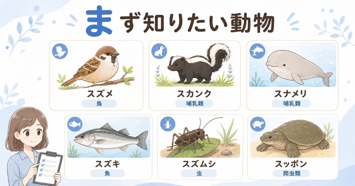 スズメやスカンクなど「す」から始まる代表的な動物の早見図