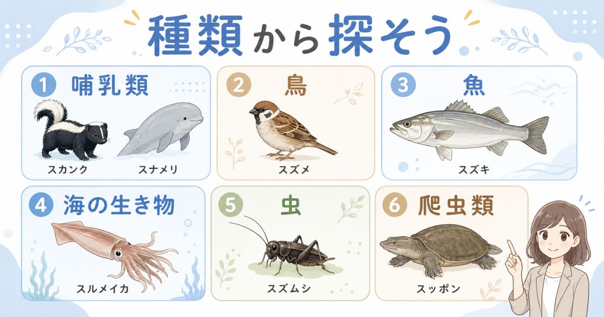 「す」から始まる動物を哺乳類・鳥・魚・虫などに分類した図