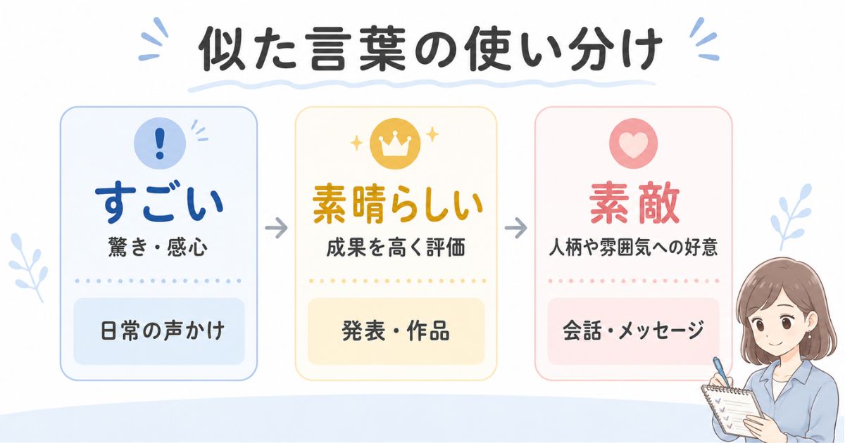 すごい・素晴らしい・素敵の意味と使う場面の違いを示した比較図