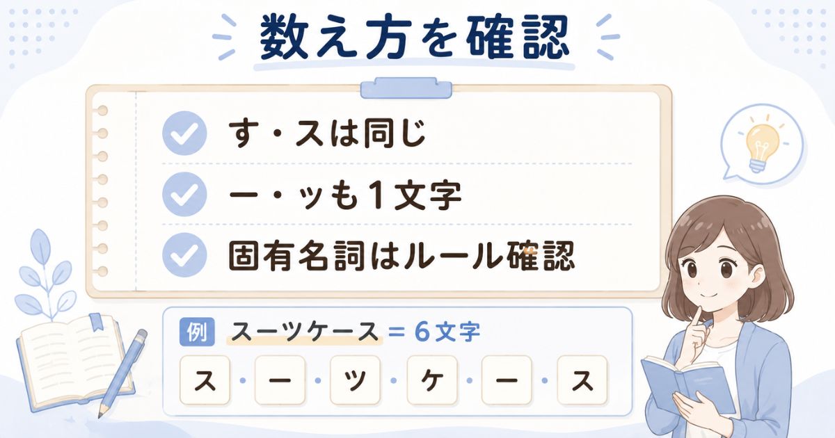 「す」と「ス」の扱い、小さい文字や長音記号の数え方を示すチェック図
