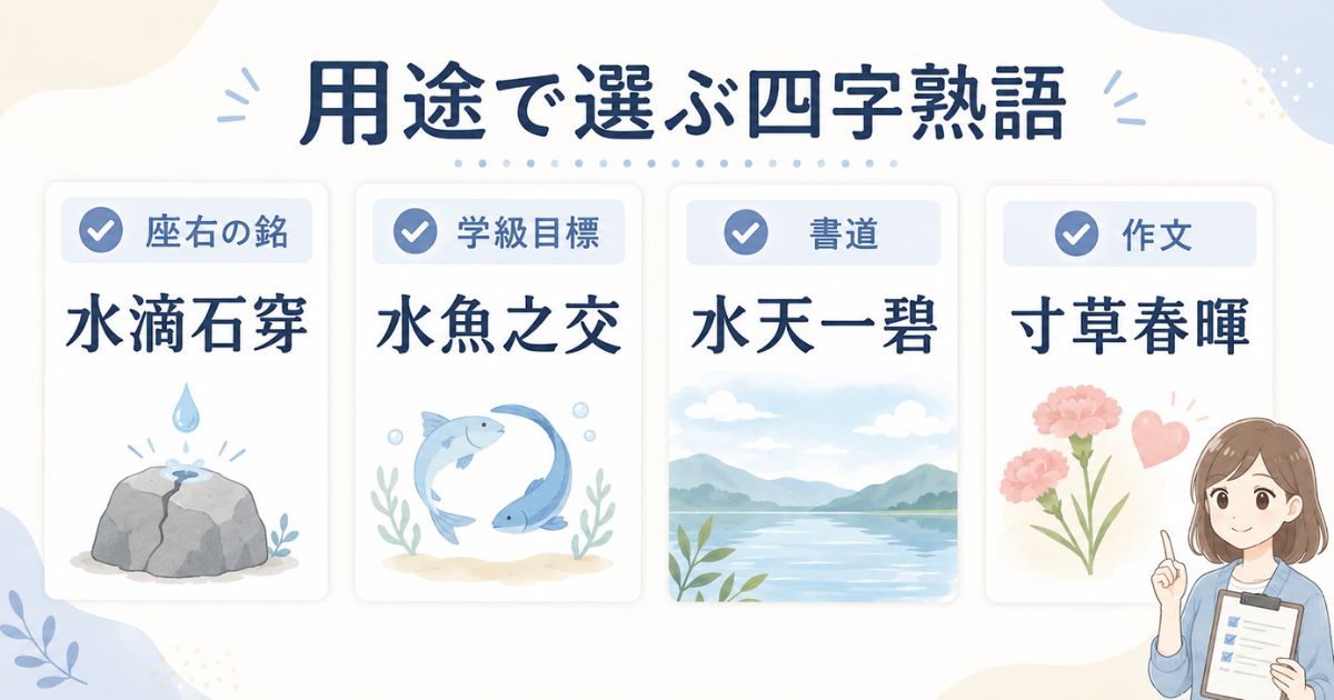 座右の銘・学級目標・書道・作文に向く四字熟語を比べた用途別図解