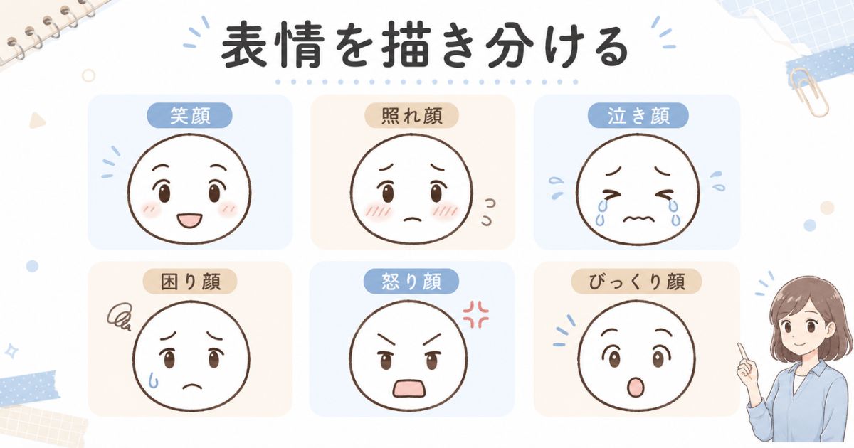 笑顔・照れ顔・泣き顔・困り顔・怒り顔・びっくり顔の描き分け一覧