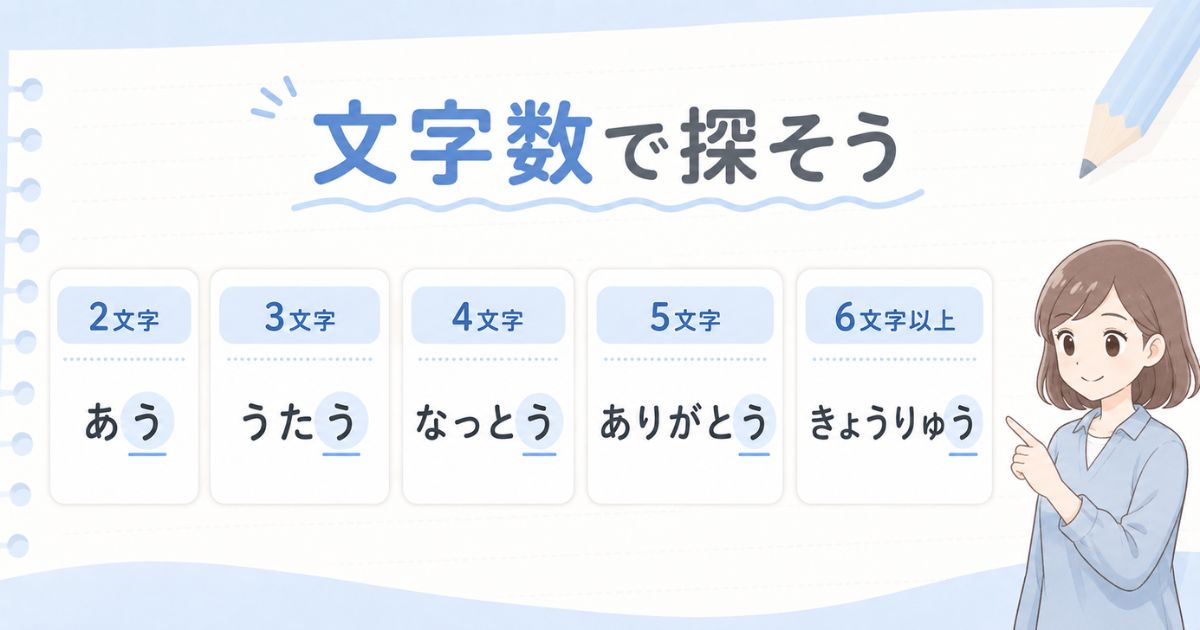 「う」で終わる言葉を文字数別の代表例で整理した図解